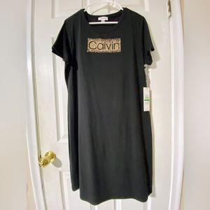Calvin Klein Casual Black Gold Crystals Logo T -Shirt Dress Size L New 🎁ON SALE